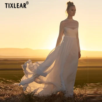 TİXLEAR Peri Aç Geri düğün elbisesi 2023 Tül Zarif Sceep Dantel Aplike gelin kıyafeti Uzun Kollu Vestidos De Novia Fermuar Up