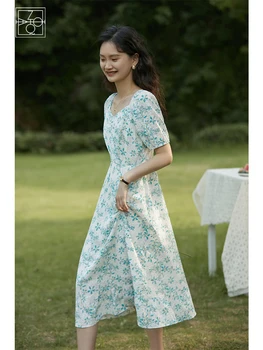 ZIQIAO Fransız Tarzı Romantik Çiçek Kadın Elbise Kare Boyun Nazik Rüzgar Tatlı Çay Molası Etekler Yaz Kısa Kollu kadın elbisesi