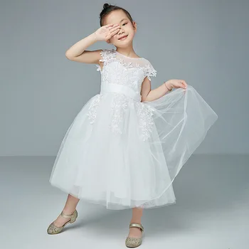 Çocuk düğün elbisesi Yaz Performans Doğum Günü Kız Çift Omuz Dantel Örgü Yeni Prenses Tüylü Etek Çiçek kız Elbise