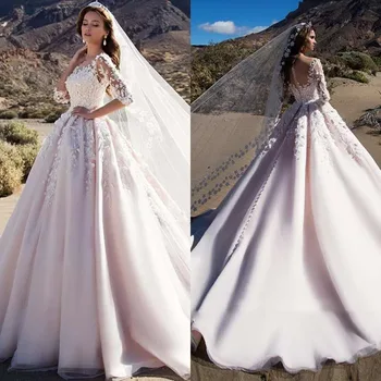 Düğün elbisesi A-line 2020 Uzun Kollu Prenses gelinlik Romantik Scoop 3D İnci Çiçek Vintage Elbise Vestido De Noiva mariage