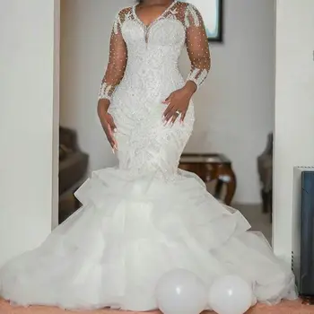 TİXLEAR Mermaid düğün elbisesi Aplikler İle Beyaz Tül Kadınlar Uzun Tren 2022 V Yaka gelin elbiseleri Vestidos De Novia