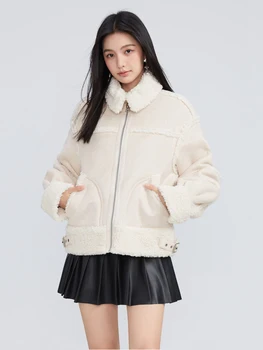 One-T 2022 Kış Kadın Faux Kürk Peluş Ceketler Kalın Polar Sıcak Palto Beyaz Turn-Aşağı Yaka Fermuar Moda Rahat Paltolar