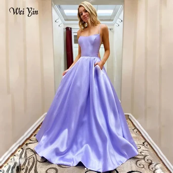Weiyin AE0611 Yeni Varış Mavi Uzun Gelinlik Modelleri Saten Altın Vestidos De Festa Seksi Akşam Parti Elbise İle Cep