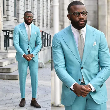 Mavi Erkek Takım Elbise 2 Adet Slim Fit Özel Ceket Pantolon Tek Göğüslü Moda Düğün Damat İş Elbisesi Rahat Balo Özel