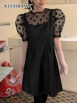 XIZIHUPAN Gevşek Iki Parçalı Set Bayan V Boyun Kolsuz Siyah Mini Elbise Puanl Kısa Kollu Şeffaf T Shirt Kadın Setleri Tarzı