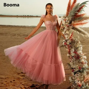 Booma Basit Sevgiliye Pembe Tül balo kıyafetleri Yay Sapanlar Boncuklu Illusion A-Line Düğün Parti Elbise Örgün Abiye giyim