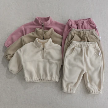 Sonbahar Kış Toddler Bebek Spor Giyim Takım Elbise Bebek Bebek Erkek Kız Peluş Giyim Giyim Seti Uzun Kollu Kazak Tops + pantolon