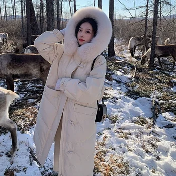 Kış Ceket Uzun Düz Ceket Kadın Rahat Aşağı Ceketler Gevşek Gerçek Kürk Yaka kapüşonlu parka Boy Moda Giyim H23