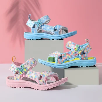 Toddler Kız Yaz Sandalet Kelebek Kafes Baskı Moda Çocuk plaj ayakkabısı Hafif Küçük Büyük Kızlar Tatlı Sandalet Prenses Ayakkabı