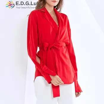 EDGLuLu Womenturn-aşağı Yaka Uzun Kollu Bluz Gömlek Casual Bel Dantel-up Yay Ofis Bayan Bluz Gevşek Gömlek Kırmızı Üstleri 1205