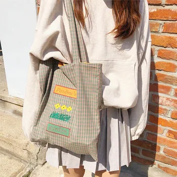 Kadın Nakış Bez Alışveriş Çantaları Moda Ekose Kadın Kanvas omuzdan askili çanta Basit Öğrenci Kızlar Günlük Casual Tote Çanta
