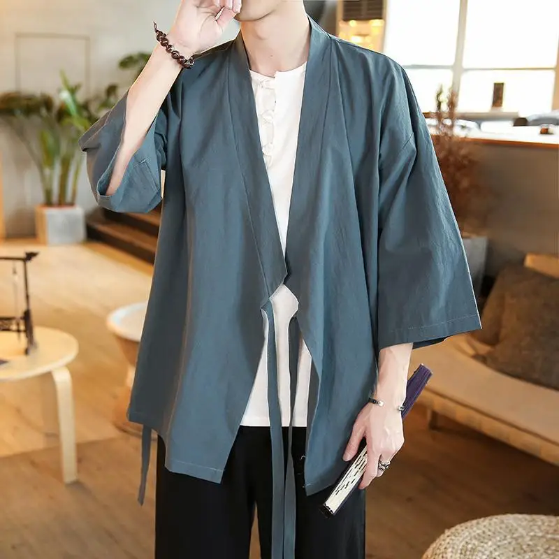 Artı Boyutu Gevşek Fit Japon Streetwear Kimono Gömlek Erkekler Düz Renk 3/4 Kollu Yaz Hırka Erkek Gömlek Görüntü 1
