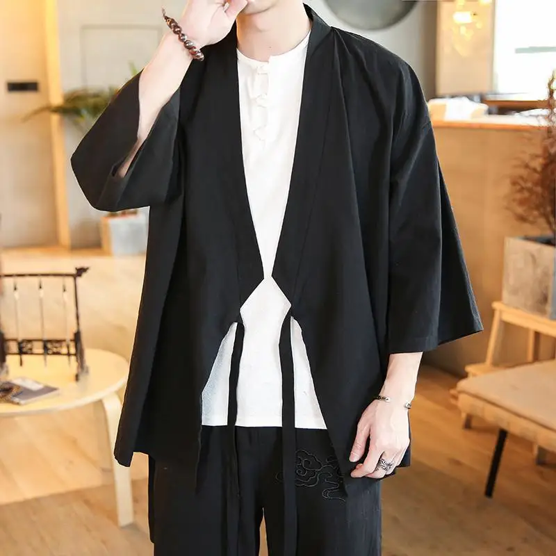 Artı Boyutu Gevşek Fit Japon Streetwear Kimono Gömlek Erkekler Düz Renk 3/4 Kollu Yaz Hırka Erkek Gömlek Görüntü 2