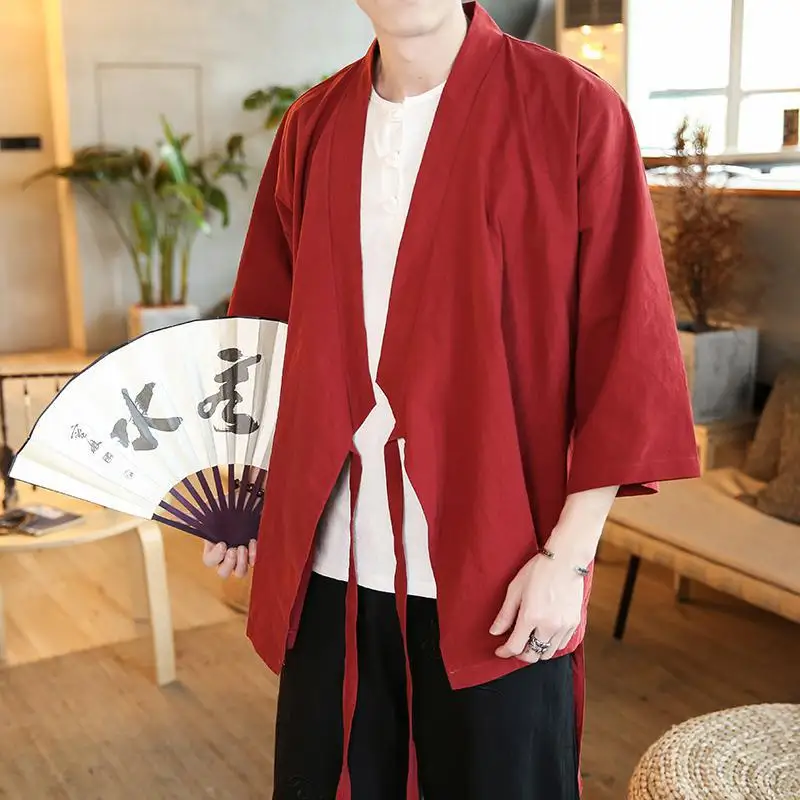 Artı Boyutu Gevşek Fit Japon Streetwear Kimono Gömlek Erkekler Düz Renk 3/4 Kollu Yaz Hırka Erkek Gömlek Görüntü 3