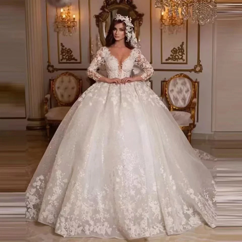 V yaka vintage 2023 dantel düğün prenses balo elbise boncuklu gelin düğün elbisesi parlak tül uzun kollu düğün elbisesi Görüntü 0