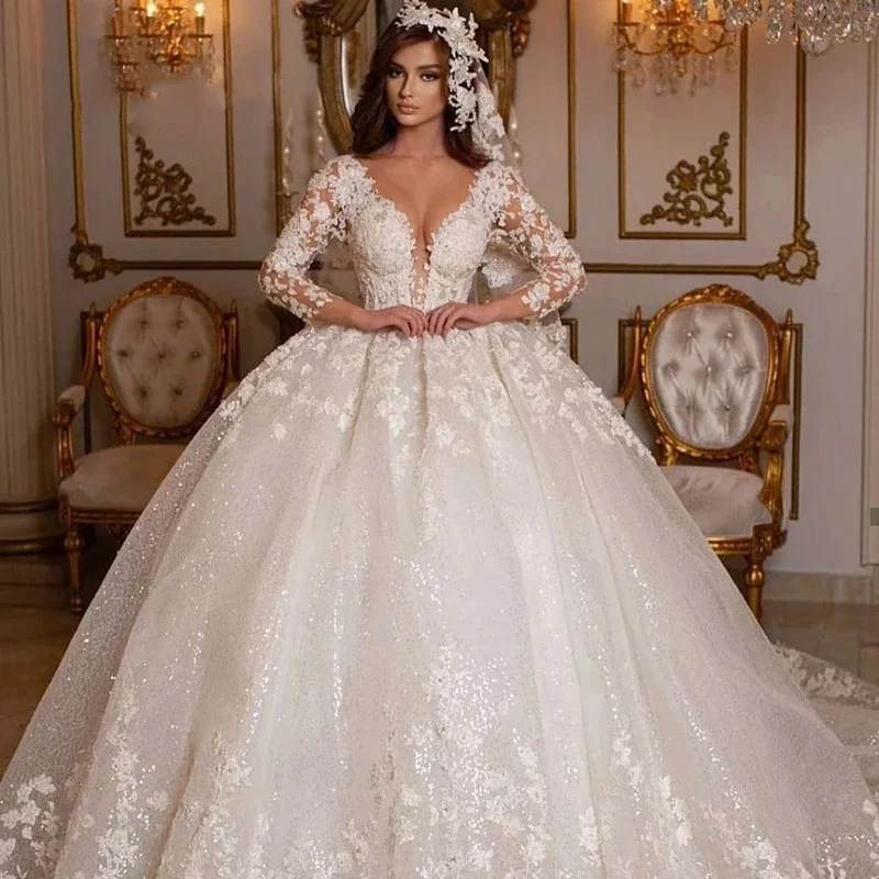 V yaka vintage 2023 dantel düğün prenses balo elbise boncuklu gelin düğün elbisesi parlak tül uzun kollu düğün elbisesi Görüntü 1