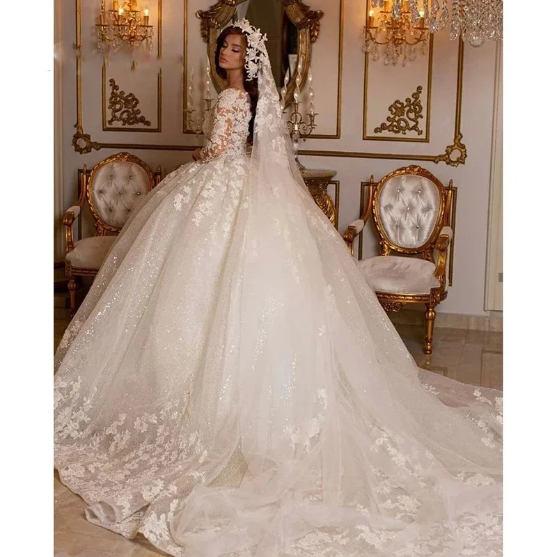V yaka vintage 2023 dantel düğün prenses balo elbise boncuklu gelin düğün elbisesi parlak tül uzun kollu düğün elbisesi Görüntü 2