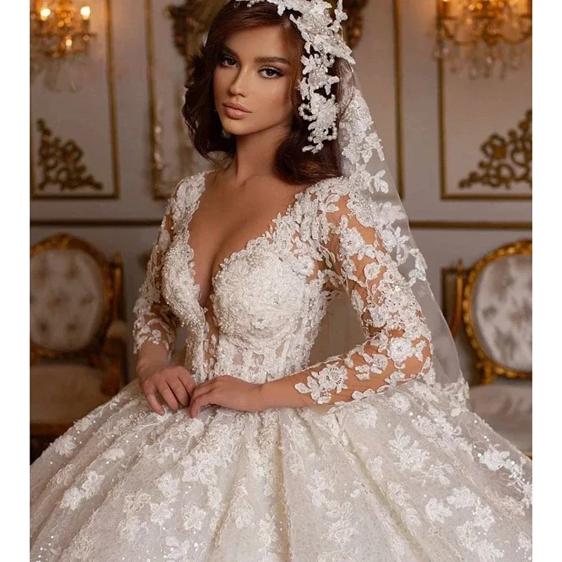 V yaka vintage 2023 dantel düğün prenses balo elbise boncuklu gelin düğün elbisesi parlak tül uzun kollu düğün elbisesi Görüntü 3