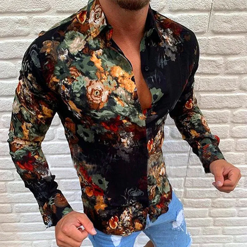 Yeni Stil erkek Rahat Uzun Kollu Gömlek Moda Çiçek 3D Baskılı Turn-Aşağı Yaka Slim Fit Gotik Parti Tek Göğüslü Gömlek Görüntü 1