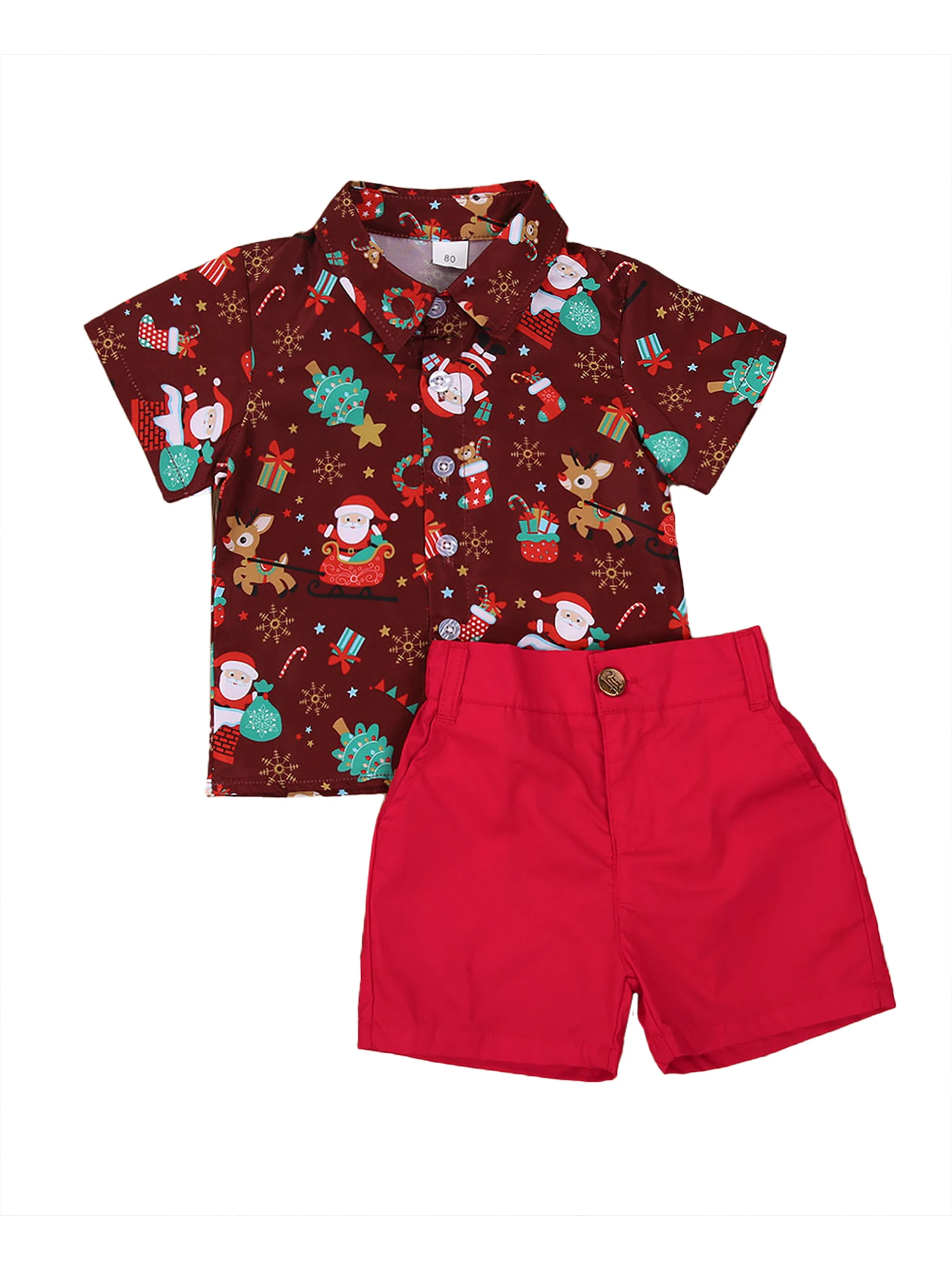 Toddler Erkek Bebek Noel Giysileri Set Çocuklar Yaz Kısa Kollu Santa Baskı Gömlek + Kırmızı Şort Gentalmen Takım Elbise 2-6Years Görüntü 1