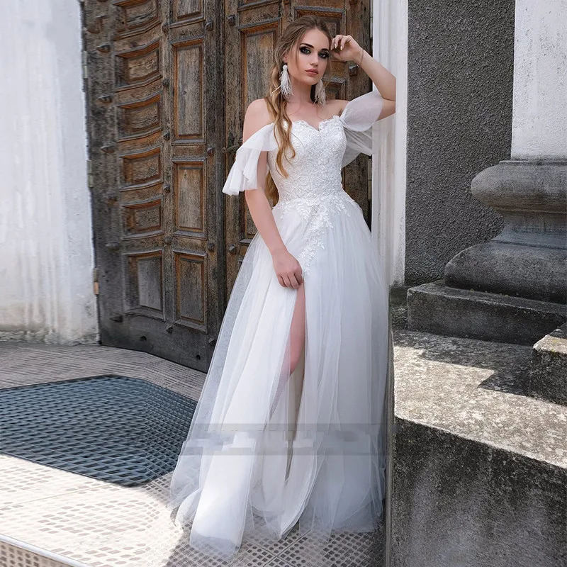 Sevgiliye Beyaz düğün elbisesi Dantel Aplikler Yüksek Yarık Organze Cap Kollu Kat Uzunlukta Gelin Törenlerinde Elbiseler De Mariee Yeni Varış Görüntü 0