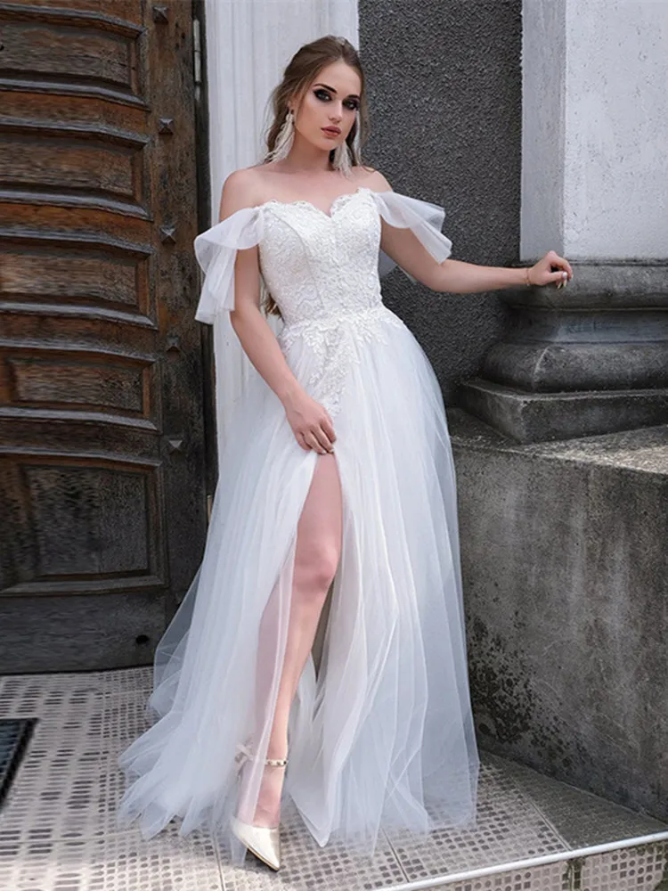 Sevgiliye Beyaz düğün elbisesi Dantel Aplikler Yüksek Yarık Organze Cap Kollu Kat Uzunlukta Gelin Törenlerinde Elbiseler De Mariee Yeni Varış Görüntü 1