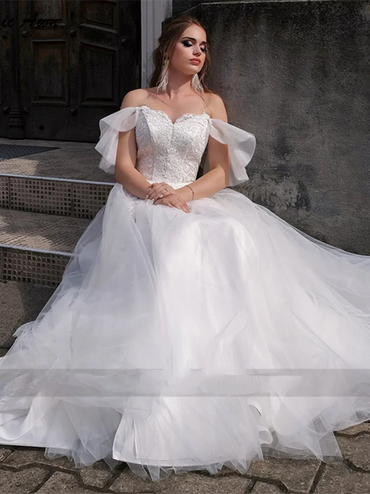 Sevgiliye Beyaz düğün elbisesi Dantel Aplikler Yüksek Yarık Organze Cap Kollu Kat Uzunlukta Gelin Törenlerinde Elbiseler De Mariee Yeni Varış Görüntü 2