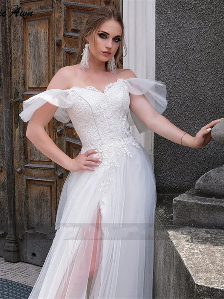 Sevgiliye Beyaz düğün elbisesi Dantel Aplikler Yüksek Yarık Organze Cap Kollu Kat Uzunlukta Gelin Törenlerinde Elbiseler De Mariee Yeni Varış Görüntü 3