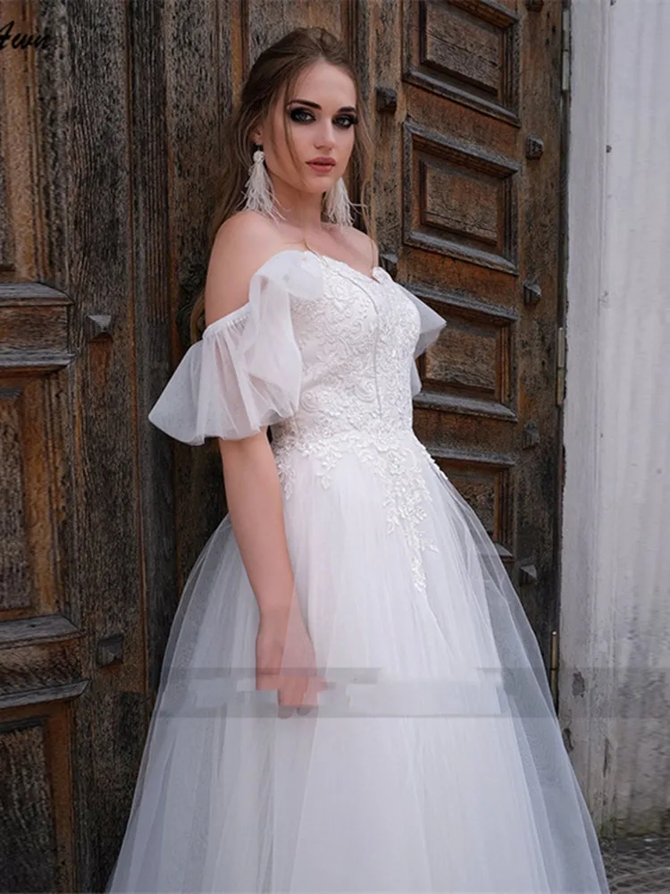 Sevgiliye Beyaz düğün elbisesi Dantel Aplikler Yüksek Yarık Organze Cap Kollu Kat Uzunlukta Gelin Törenlerinde Elbiseler De Mariee Yeni Varış Görüntü 4