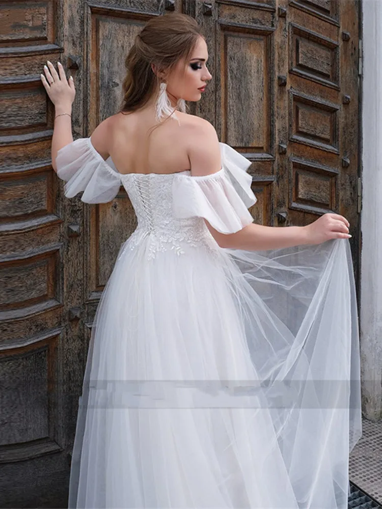 Sevgiliye Beyaz düğün elbisesi Dantel Aplikler Yüksek Yarık Organze Cap Kollu Kat Uzunlukta Gelin Törenlerinde Elbiseler De Mariee Yeni Varış Görüntü 5