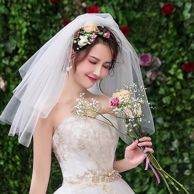 İki Kat Saf Tül Gelin Duvakları Kısa Kesim Kenar Düğün 2022 Görüntü 4