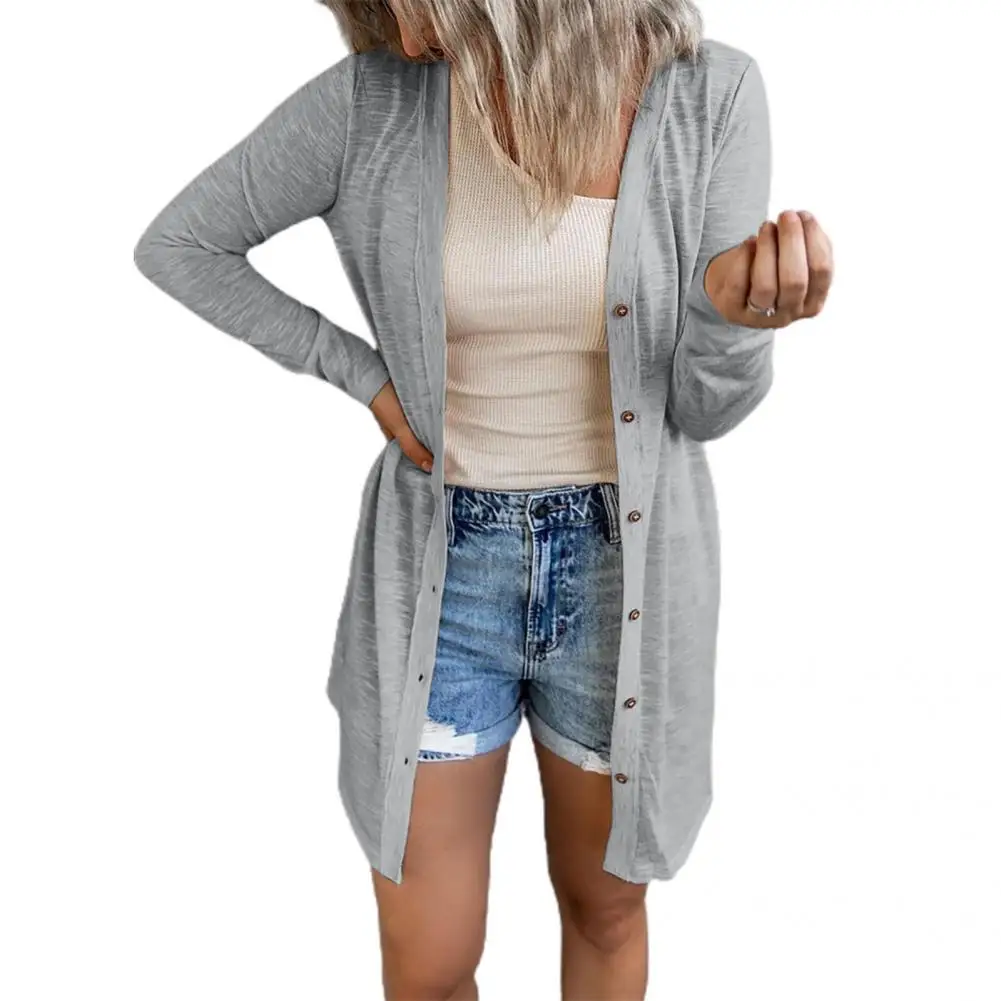 Kadınlar şık yuvarlak boyun uzun hırka ceket kadın aksesuar hırka ceket düz renk çalışma için Görüntü 3