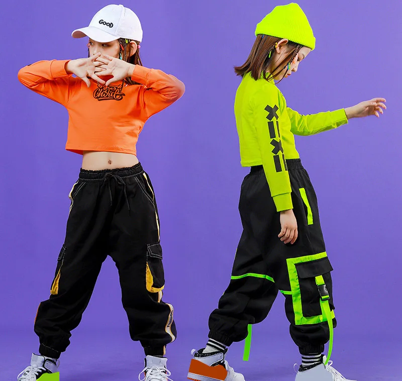 2021 Çocuk Caz Hip Hop Kostümleri Kızlar Uzun Kollu Kırpılmış T shirt Koşu Pantolon Giyim Hiphop Pantolon Sahne Performansı giyim Görüntü 0