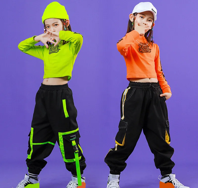 2021 Çocuk Caz Hip Hop Kostümleri Kızlar Uzun Kollu Kırpılmış T shirt Koşu Pantolon Giyim Hiphop Pantolon Sahne Performansı giyim Görüntü 1