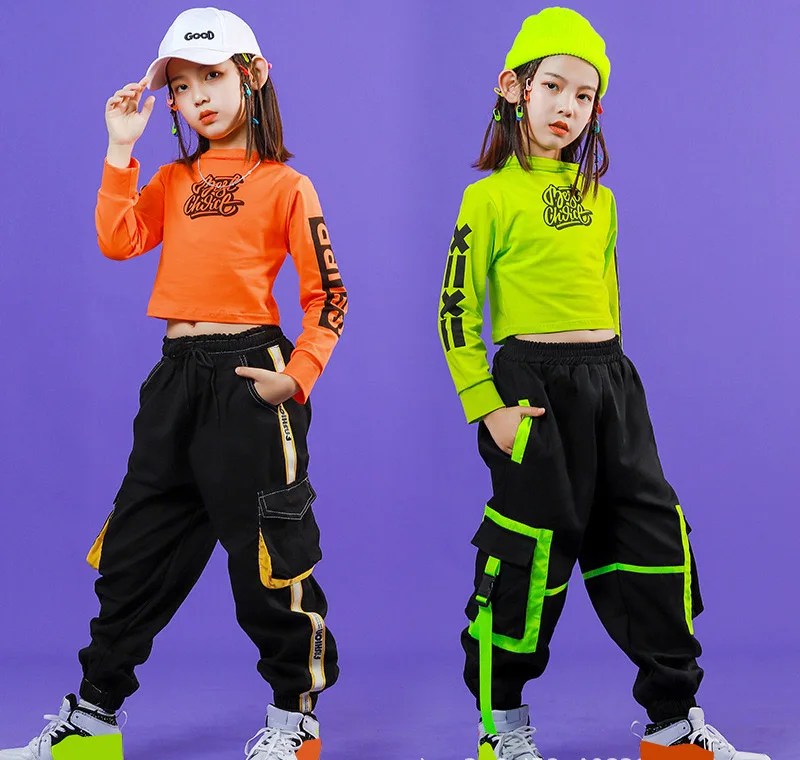 2021 Çocuk Caz Hip Hop Kostümleri Kızlar Uzun Kollu Kırpılmış T shirt Koşu Pantolon Giyim Hiphop Pantolon Sahne Performansı giyim Görüntü 2