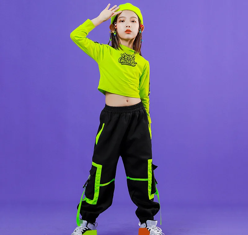 2021 Çocuk Caz Hip Hop Kostümleri Kızlar Uzun Kollu Kırpılmış T shirt Koşu Pantolon Giyim Hiphop Pantolon Sahne Performansı giyim Görüntü 5