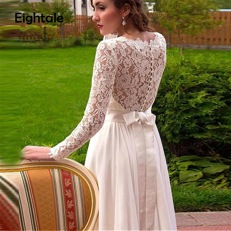 Eightale Boho düğün elbisesi Uzun Kollu Dantel Üst Şifon Etek Beyaz Fildişi Plaj Gelinlikler Uzun Kemer Gelin Elbise 2019 Görüntü 3