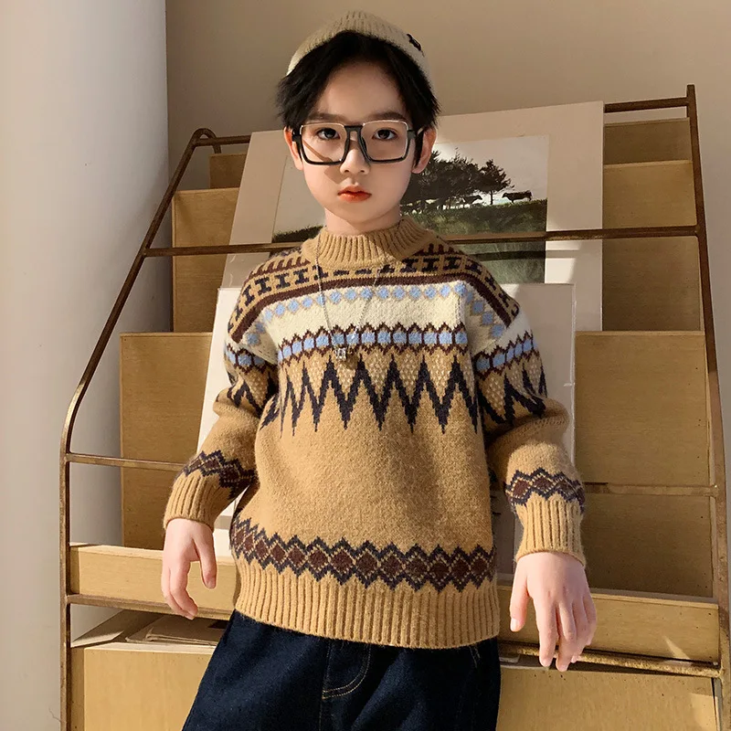 Kış Moda Retro çocuk kazağı Erkek Moda Geometrik Desen Örme Kazak Çocuklar Rahat Sıcak Kalın Üstleri 10 11 12 13 14y Görüntü 5