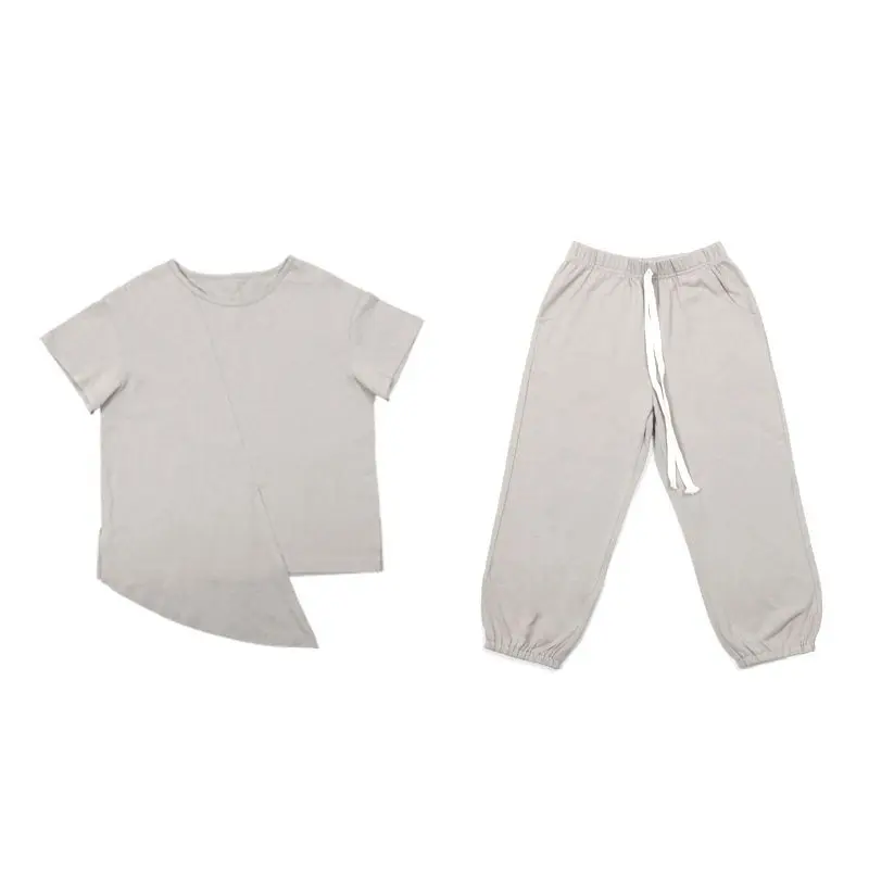 2021 Yeni Yaz Kız Takım Elbise Pamuk Çocuk Seti Çocuk Giysileri Bölünmüş Düzensiz Gömlek Gevşek pantolon İle Spor Anne Çocuk Giysileri Görüntü 4