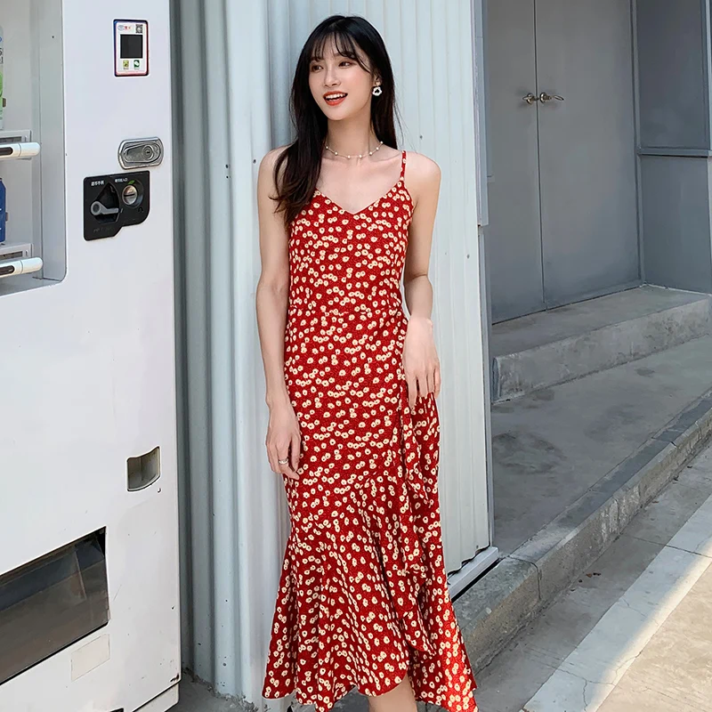 Çiçek Baskı Bordo Kadınlar Uzun Sundress Yaz Zarif İnce Bohemian Kore Parti Elbise Tropikal Plaj Tatil Elbise Pist Görüntü 0