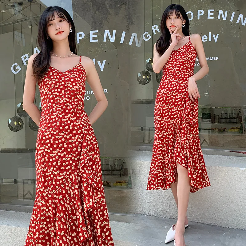 Çiçek Baskı Bordo Kadınlar Uzun Sundress Yaz Zarif İnce Bohemian Kore Parti Elbise Tropikal Plaj Tatil Elbise Pist Görüntü 1