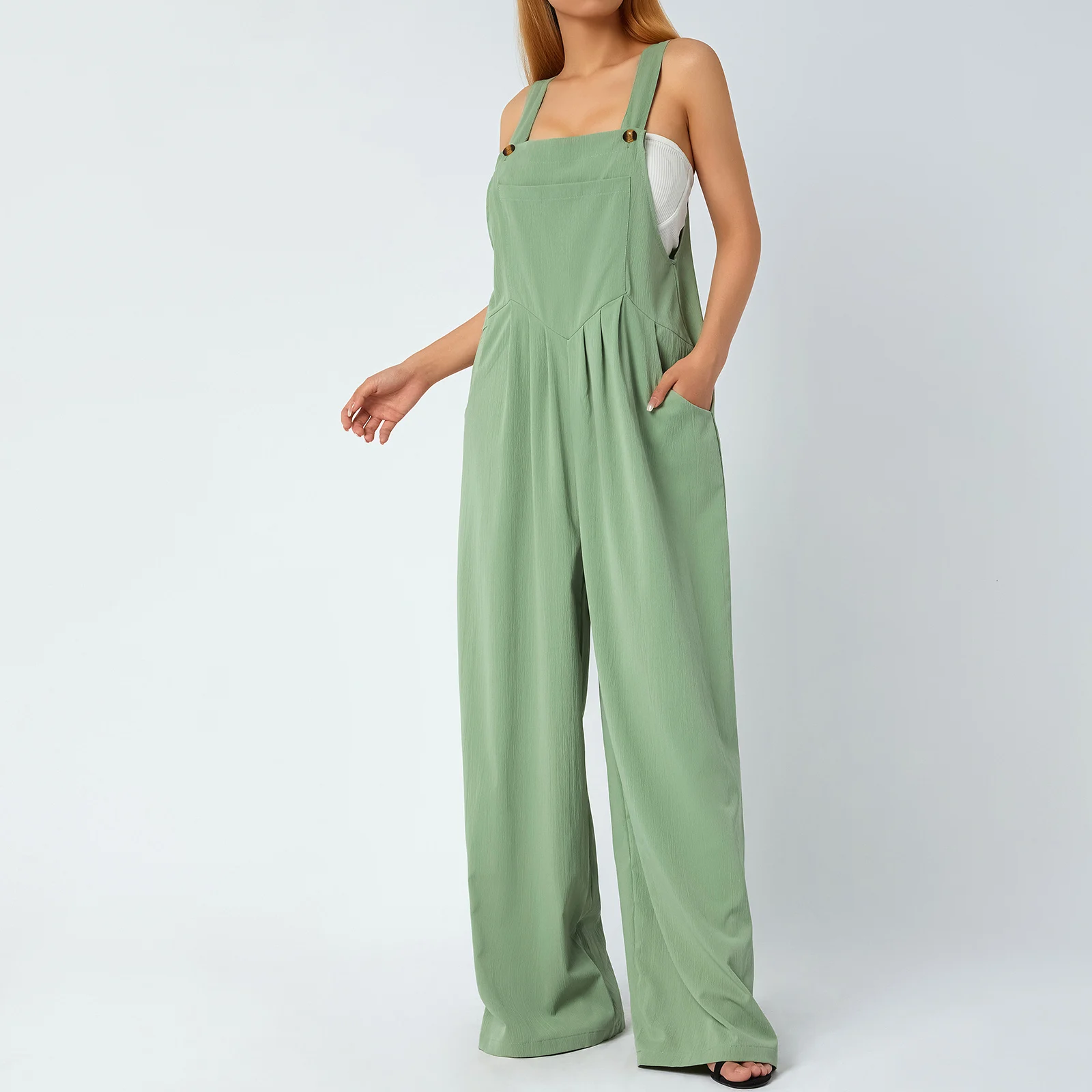 Kadın Yaz Rahat Düğmeler Geniş Bacak Askı Tulum Cepler ile Moda Düz Renk Tulumlar Streetwear Kadın Pantolon Görüntü 2