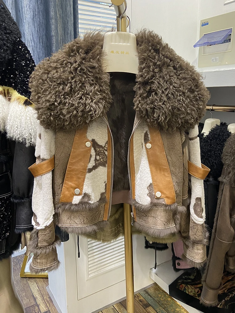 Kış Kadın Gerçek Deri Tavşan Kürk İç Sıcak Kısa Moda Ceketler Gerçek Kuzu Kürk Yaka Bayanlar Dış Giyim Görüntü 5
