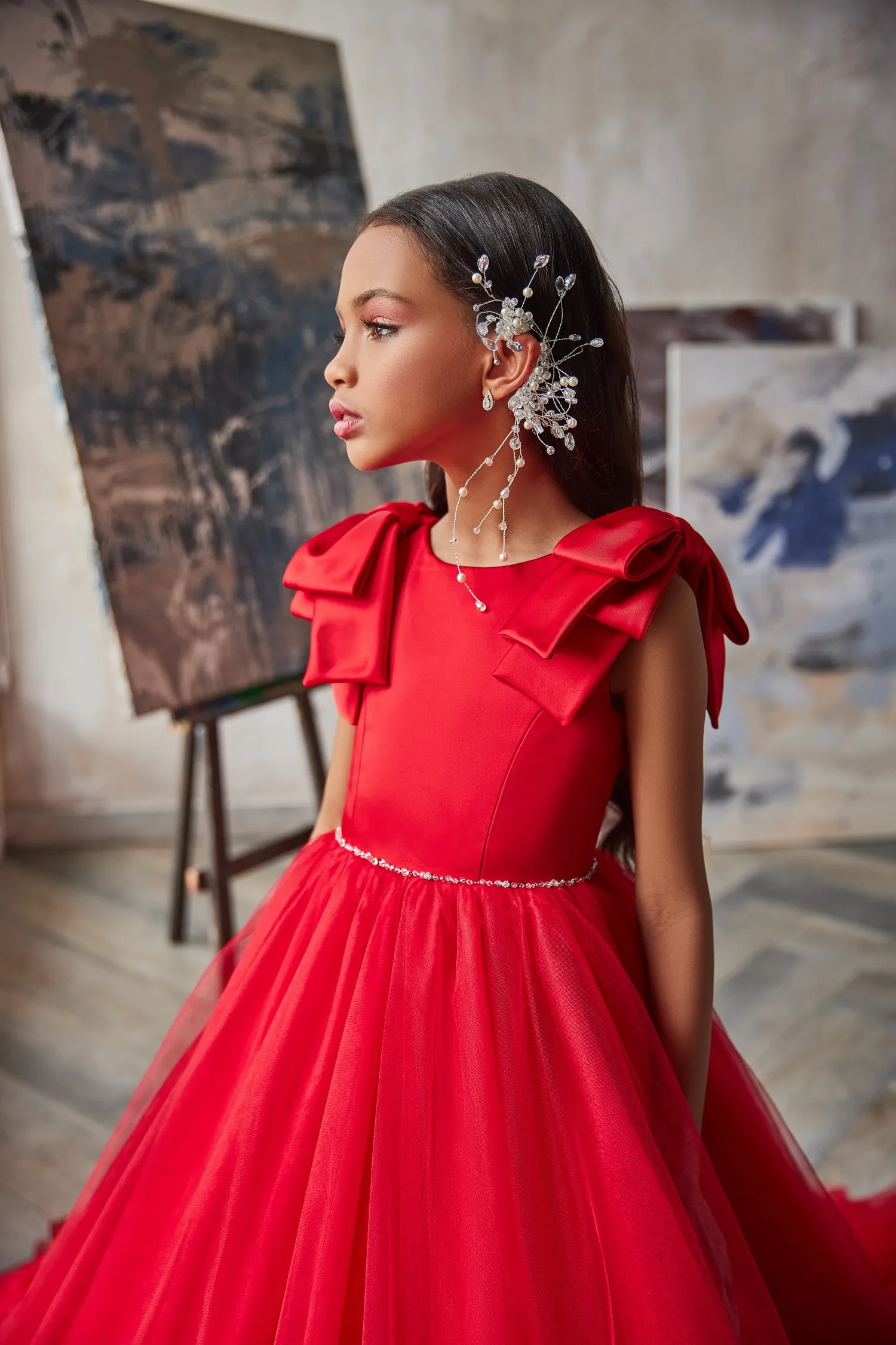 2022 Kırmızı Çiçek Kız Elbise Düğün İçin Saten Bir Çizgi Boncuklu Kemer Çocuklar Fotoğraf Çekimi Kıyafeti Doğum günü partisi elbisesi Görüntü 1
