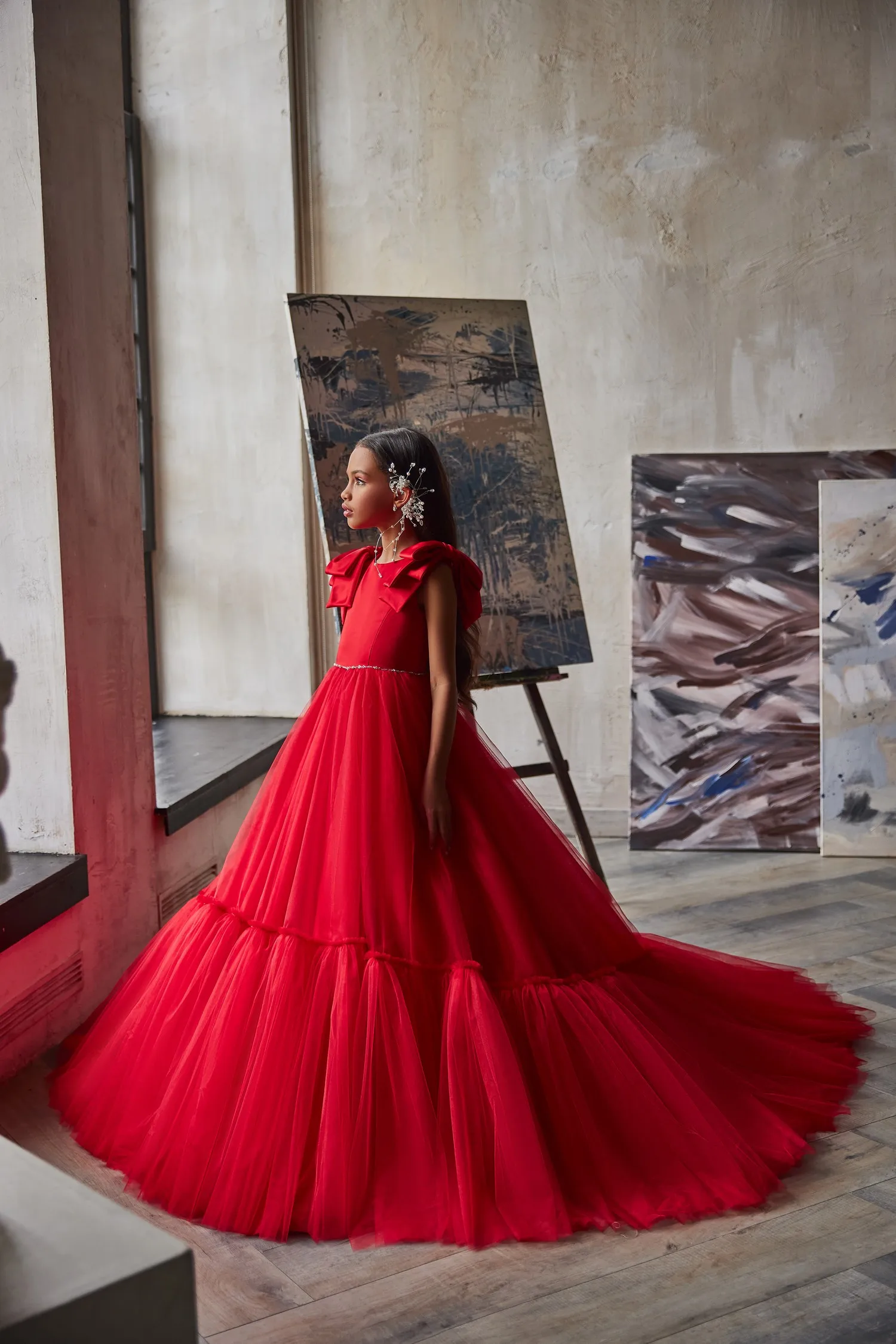 2022 Kırmızı Çiçek Kız Elbise Düğün İçin Saten Bir Çizgi Boncuklu Kemer Çocuklar Fotoğraf Çekimi Kıyafeti Doğum günü partisi elbisesi Görüntü 3