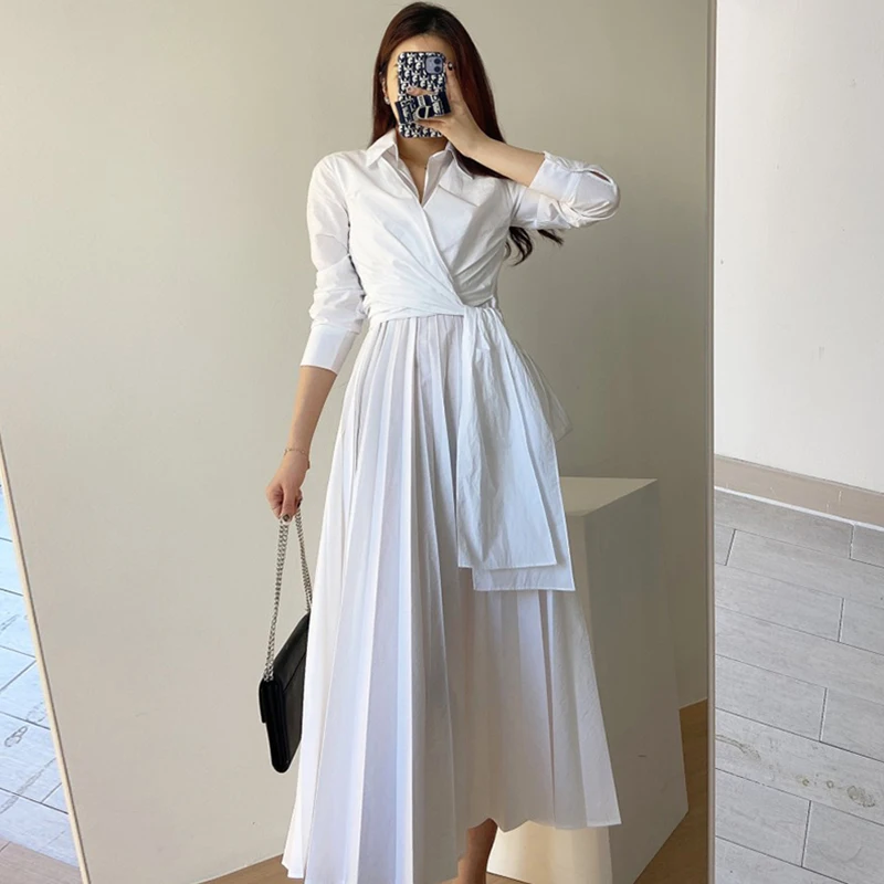 Kadın Elbise Haki Uzun Kollu Pilili Sonbahar Etek Sadelik Çapraz Sapanlar Kapatmak için Bel Yeni Yaka Uzun Kollu Moda Elbiseler Görüntü 0