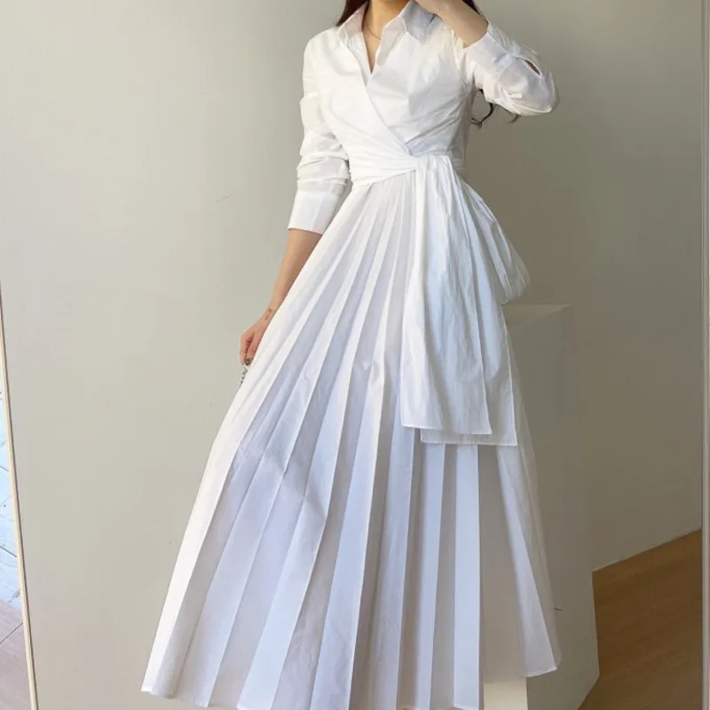 Kadın Elbise Haki Uzun Kollu Pilili Sonbahar Etek Sadelik Çapraz Sapanlar Kapatmak için Bel Yeni Yaka Uzun Kollu Moda Elbiseler Görüntü 2