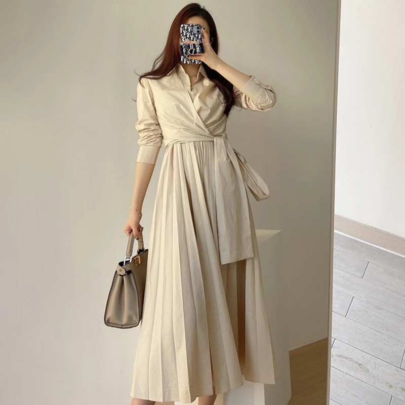 Kadın Elbise Haki Uzun Kollu Pilili Sonbahar Etek Sadelik Çapraz Sapanlar Kapatmak için Bel Yeni Yaka Uzun Kollu Moda Elbiseler Görüntü 3