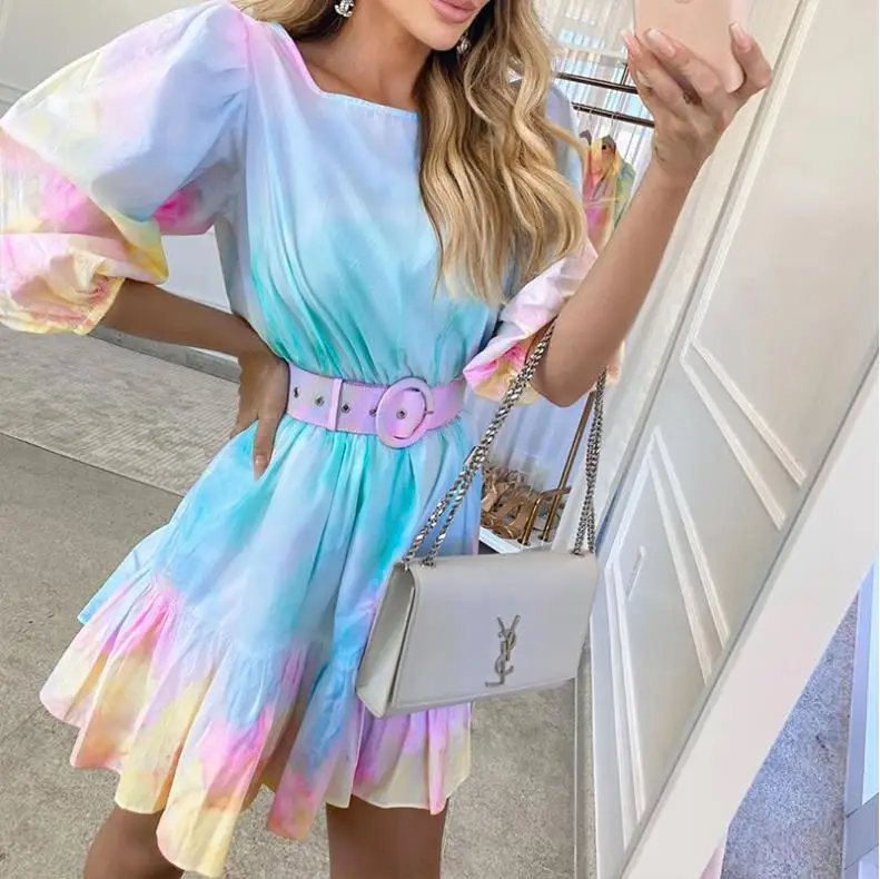 2022 Moda Renk Kravat Boya Bayanlar rahat elbise O-boyun Uzun Ruffled Puf Kollu Elbise Kemer Gece Kulübü Zarif Yaz Vestido Görüntü 1