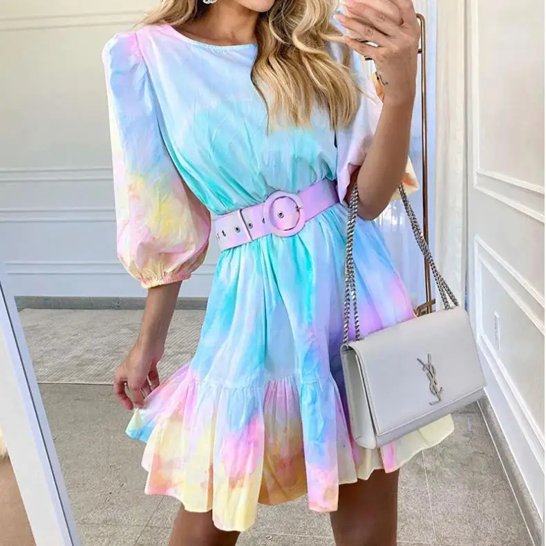 2022 Moda Renk Kravat Boya Bayanlar rahat elbise O-boyun Uzun Ruffled Puf Kollu Elbise Kemer Gece Kulübü Zarif Yaz Vestido Görüntü 2
